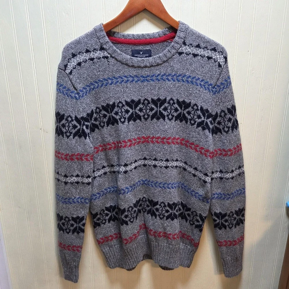 American Eagle Outfitters Sweater Mens Large Gray Fair Isle Crewneck Pullover‎